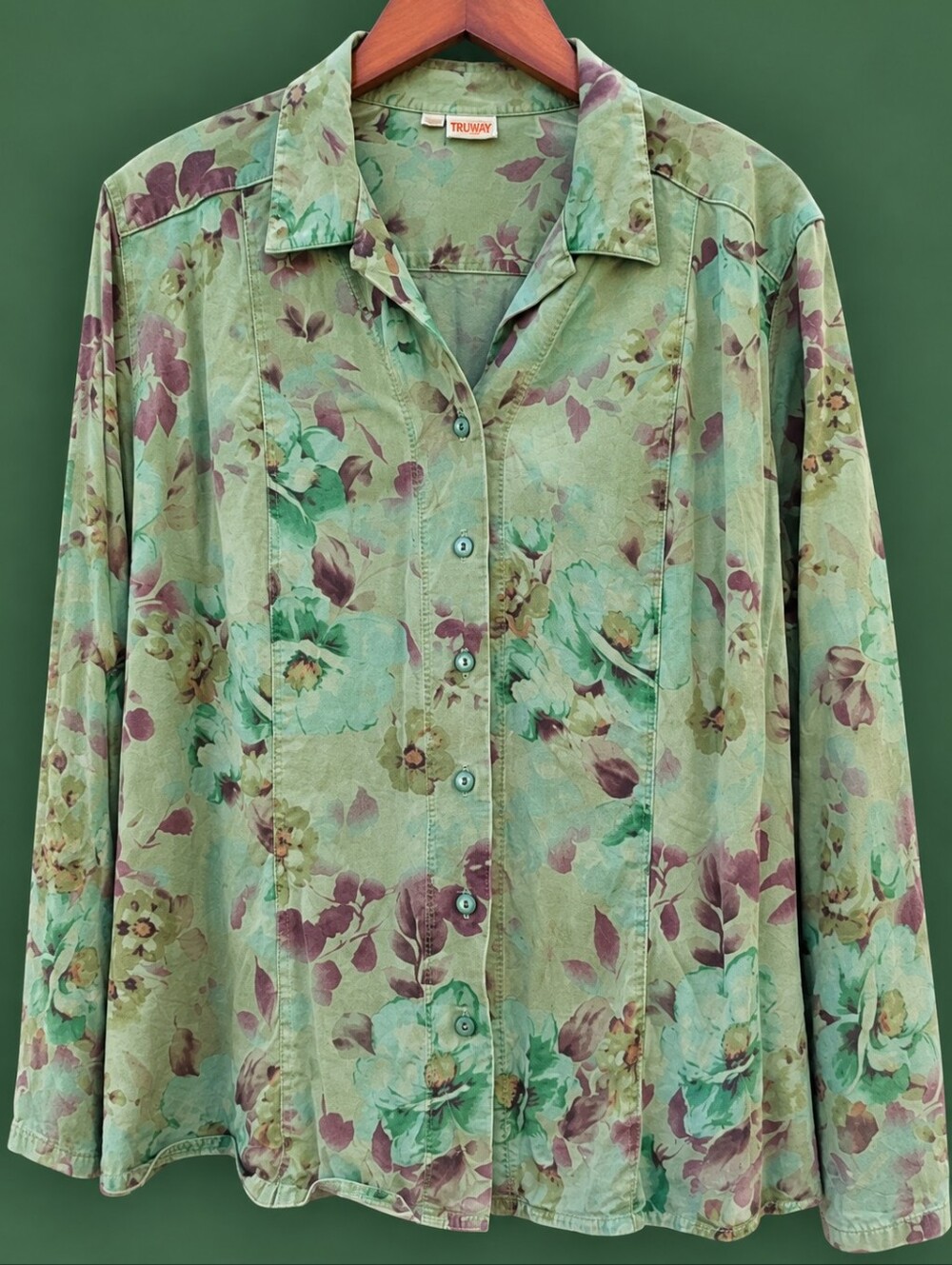Vintage Tianello Green Floral Button Front Blouse Medium Cottagecore